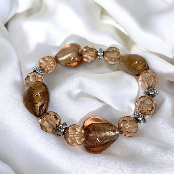 Dichroic Art Glass Bracelet Heart Motif Pale Amber Brown Silver Stretch To Fit - Picture 1 of 4